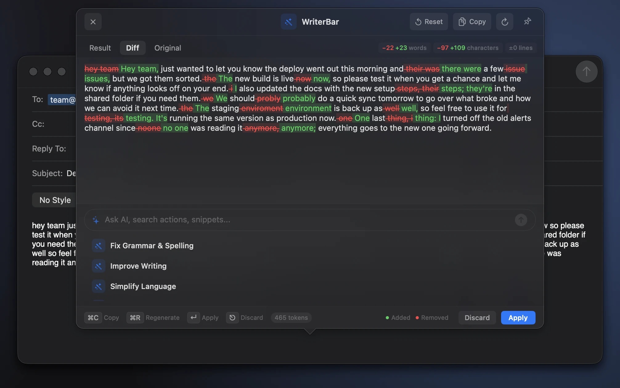 WriterBar's panel floating over a Mail draft, showing a diff of the AI rewrite before it is applied